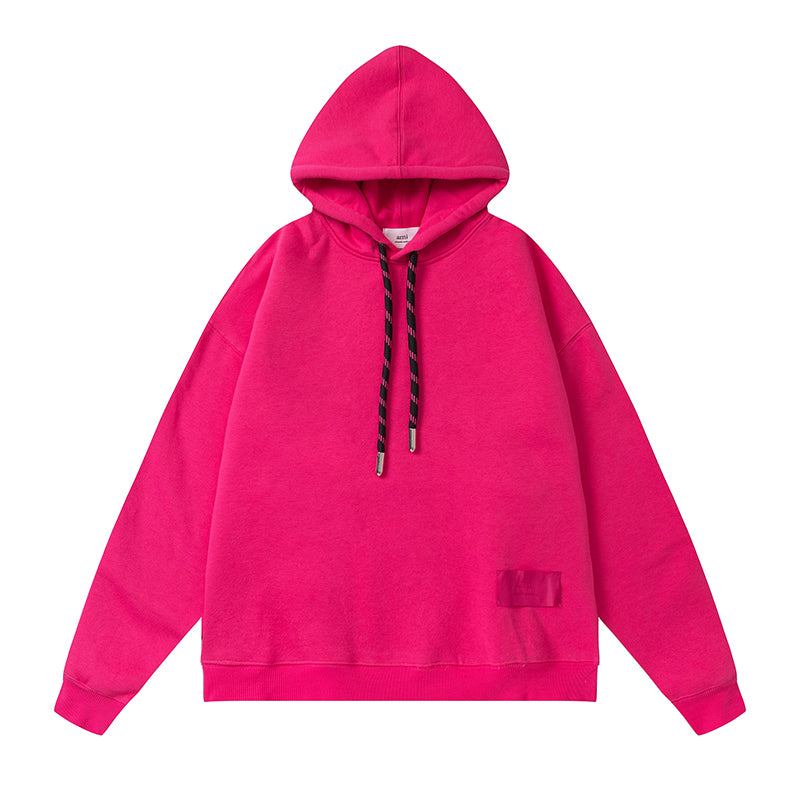 AMI  Solid Color Striped Drawstring Hoodie Rose Red
