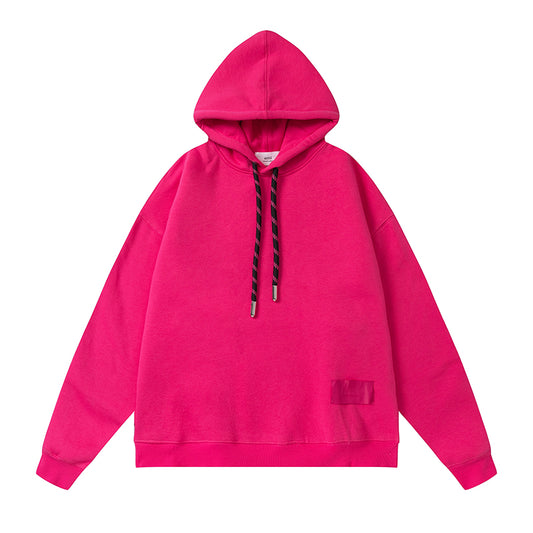 AMI  Solid Color Striped Drawstring Hoodie Rose Red