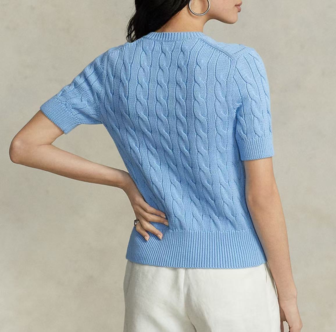 Ralph Lauren SS23 Petite Spur Embroidered Solid Cotton Twill Knoted Roundneck Short Sleeve Satin Accented Buttoned V-Neck Ribbed Hem Women's Knit Sweater Slim Fit Blue