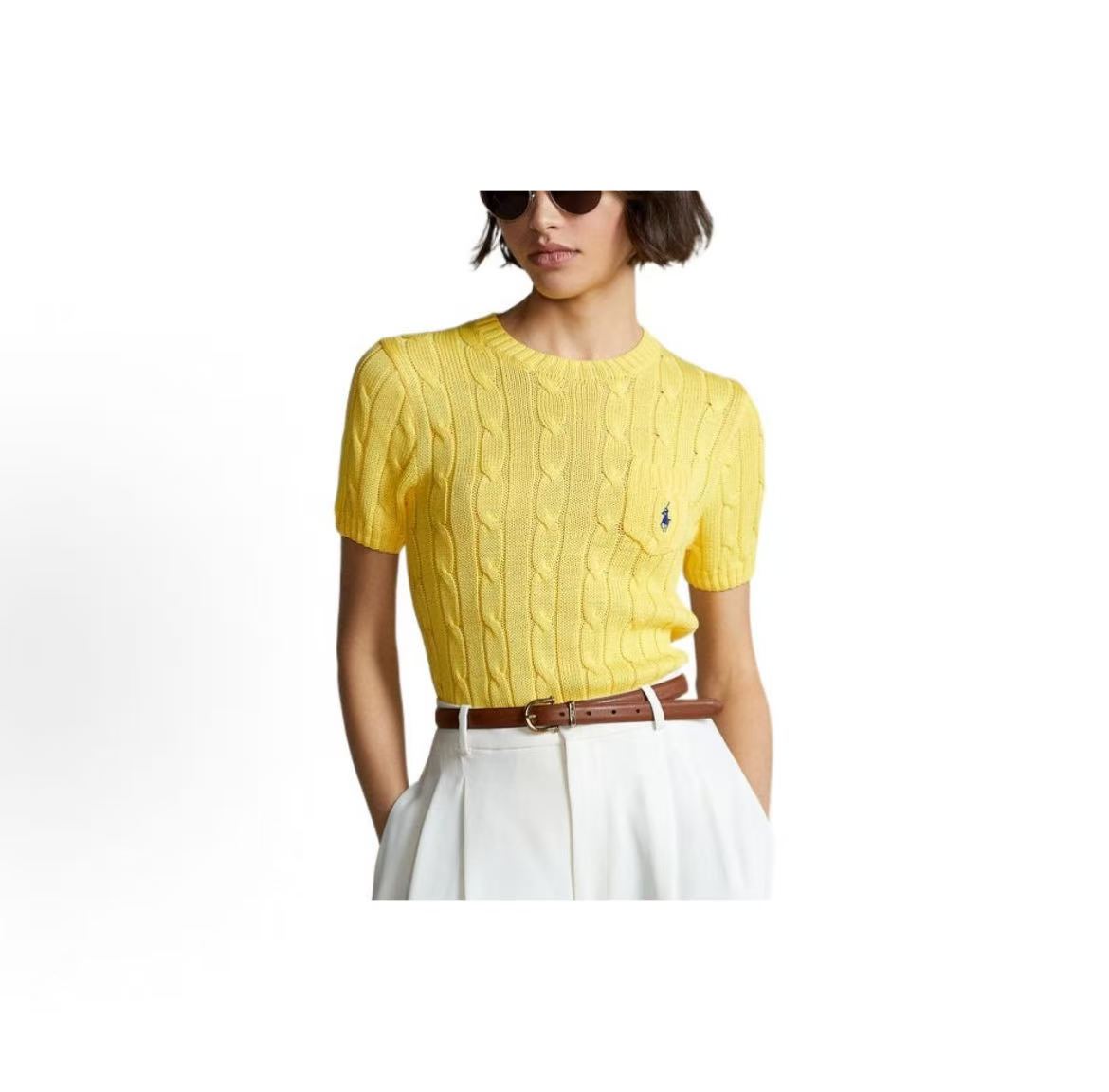 Ralph Lauren SS22 Little Horse Embroidered Pattern Twisted Knitted Cotton Roundneck Pullover Short Sleeve Knit Shirt, Slim Fit, Women's Style, Yellow