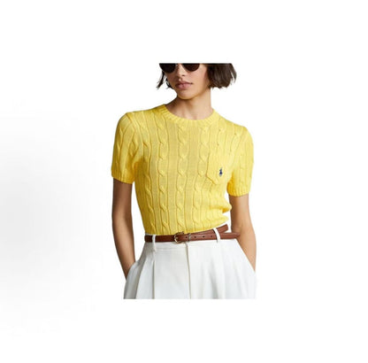 Ralph Lauren SS22 Little Horse Embroidered Pattern Twisted Knitted Cotton Roundneck Pullover Short Sleeve Knit Shirt, Slim Fit, Women's Style, Yellow