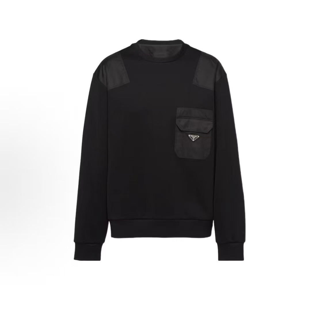 PRADA Re-Nylon Pure Color Patched Bagged Round-neck Loose Shirt for Men in Black Cotton