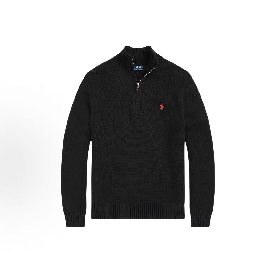 Ralph Lauren SS23 Pattern Logo Embroidery Print Half-Zip Pullover Long Sleeve Shirt for Men - Black