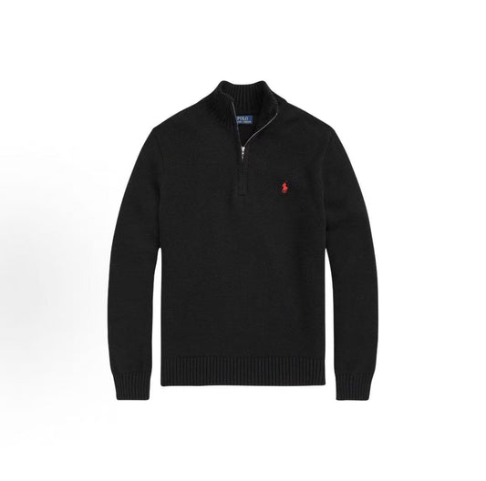 Ralph Lauren SS23 Pattern Logo Embroidery Print Half-Zip Pullover Long Sleeve Shirt for Men - Black