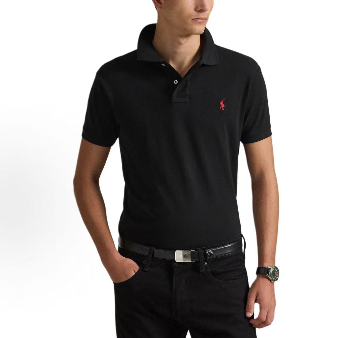 Ralph Lauren FW21 Logo Embroidered Solid Mesh Short-Sleeved Polo Shirt - Messy Hair - Men's - Black