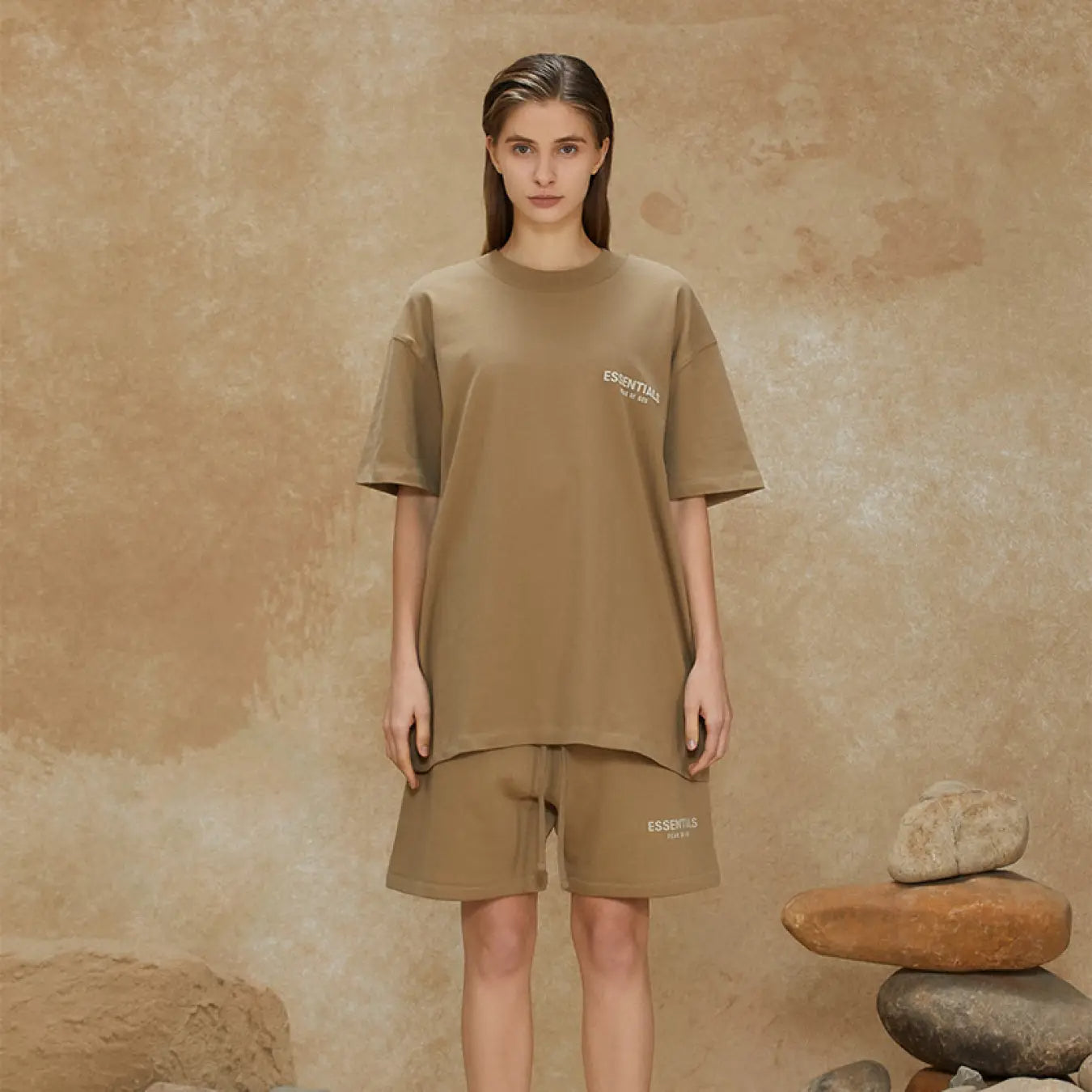 FOG FEAR OF GOD 22 ESSENTIALS double line single row flocking loose T-shirt Oak brown
