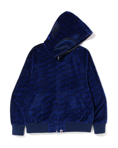 A Bathing Ape Logo Monogram Velour Shark Full Zip Hoodie In Navy Blue