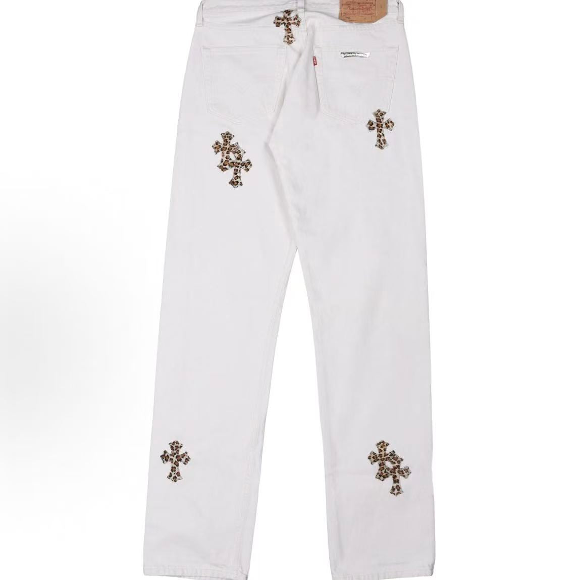 Chrome Hearts x Levi's leopard print cross patch button mid waist jeans for both men and women