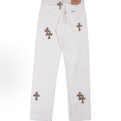 Chrome Hearts x Levi's leopard print cross patch button mid waist jeans for both men and women