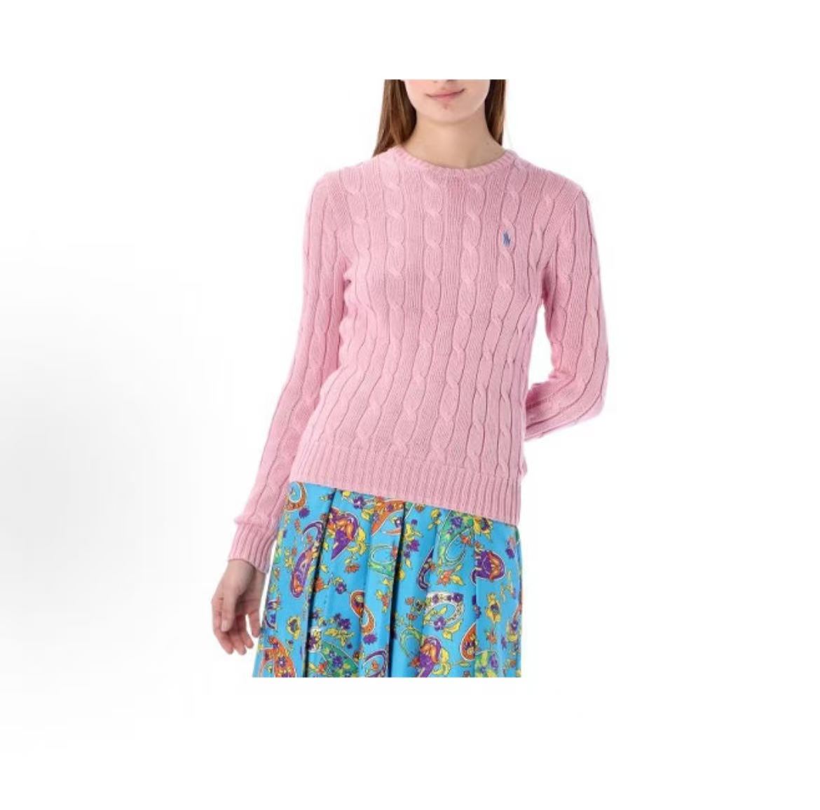 Ralph Lauren SS22 Pink Small Horse Logo Cable-Knit Long Sleeve Crewneck Sweater for Women