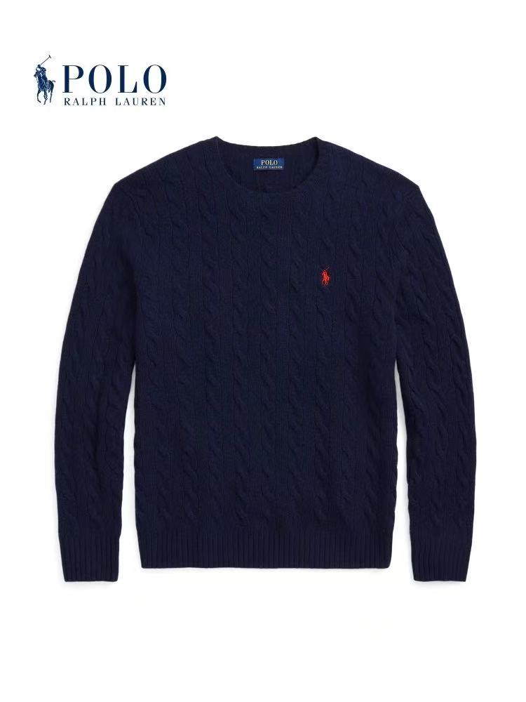 Ralph Lauren FW22 Solid Color Round-neck Twisted Knitted Cable Knit Sweater for Men - Blue