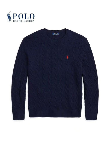 Ralph Lauren FW22 Solid Color Round-neck Twisted Knitted Cable Knit Sweater for Men - Blue
