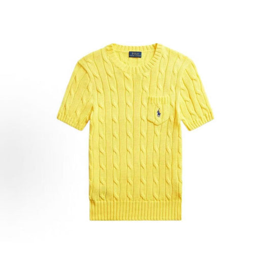 Ralph Lauren SS22 Little Horse Embroidered Pattern Twisted Knitted Cotton Roundneck Pullover Short Sleeve Knit Shirt, Slim Fit, Women's Style, Yellow