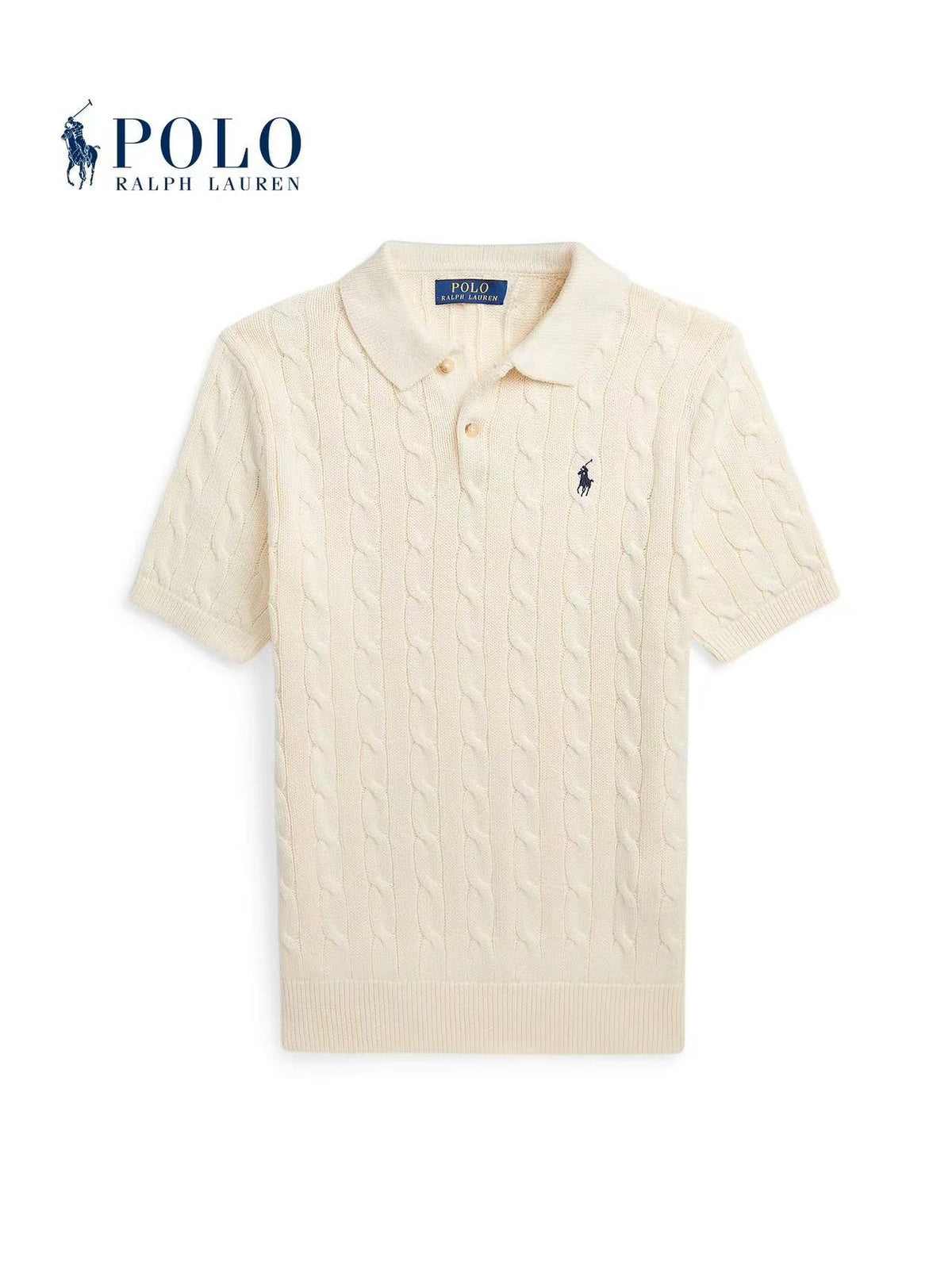 Ralph Lauren Solid Striped Logo Embroidered Short-Sleeved Knit Shirt - Standard Fit - Men's - Cream Color