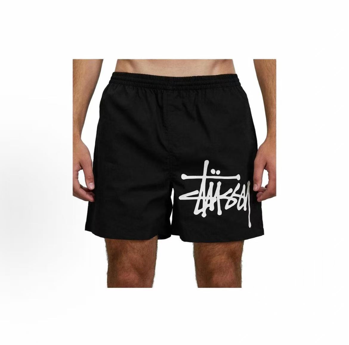 Stussy graffiti stretch waist casual American retro short pants for men - black