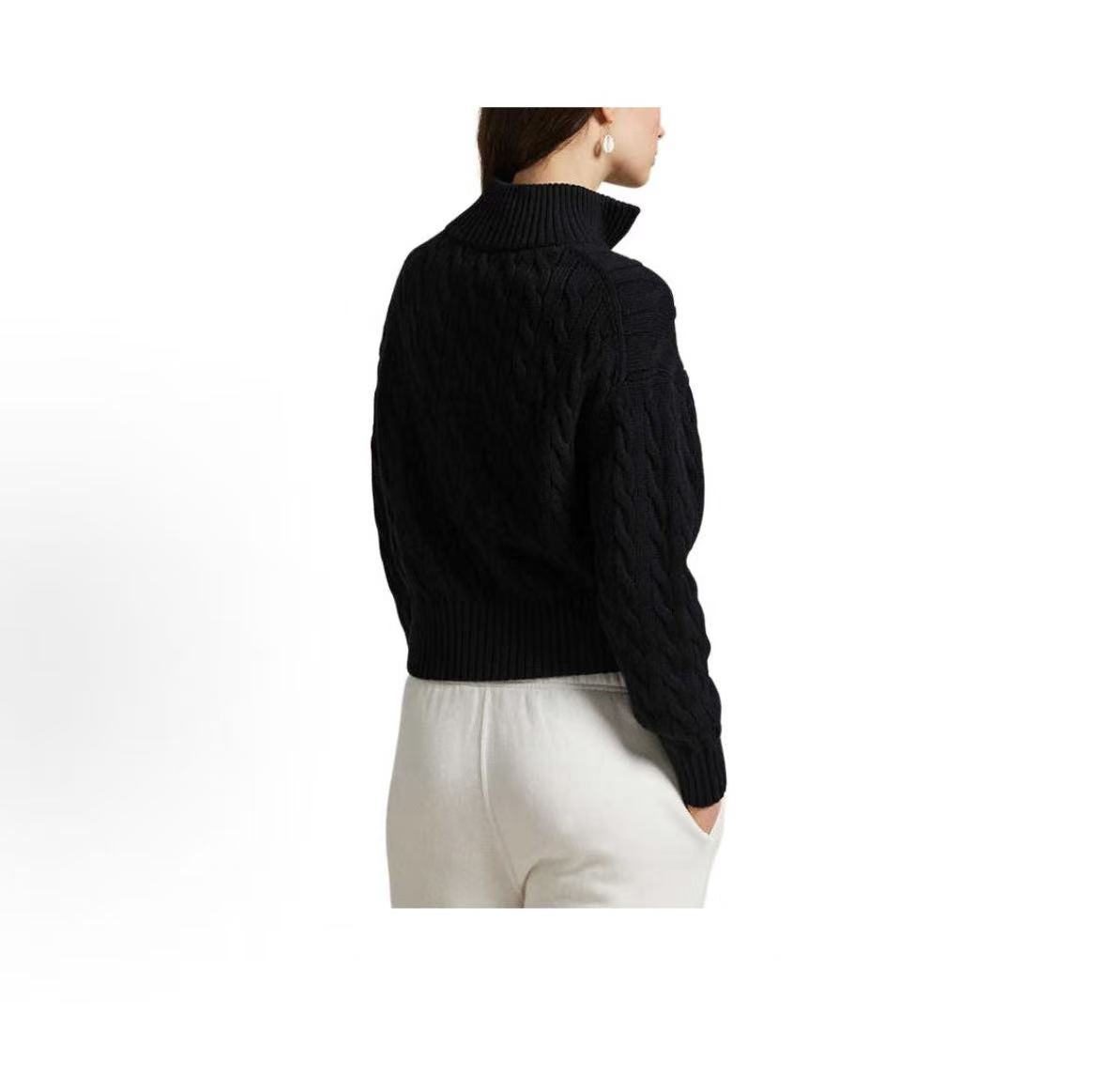 Ralph Lauren FW25 Little Horse Embroidery Solid Twill Knitted Cotton Quarter-Zip Pullover Long Sleeve Ribbed Sleeveless Hem Knit Shirt Loose Fit Women's Polo Black