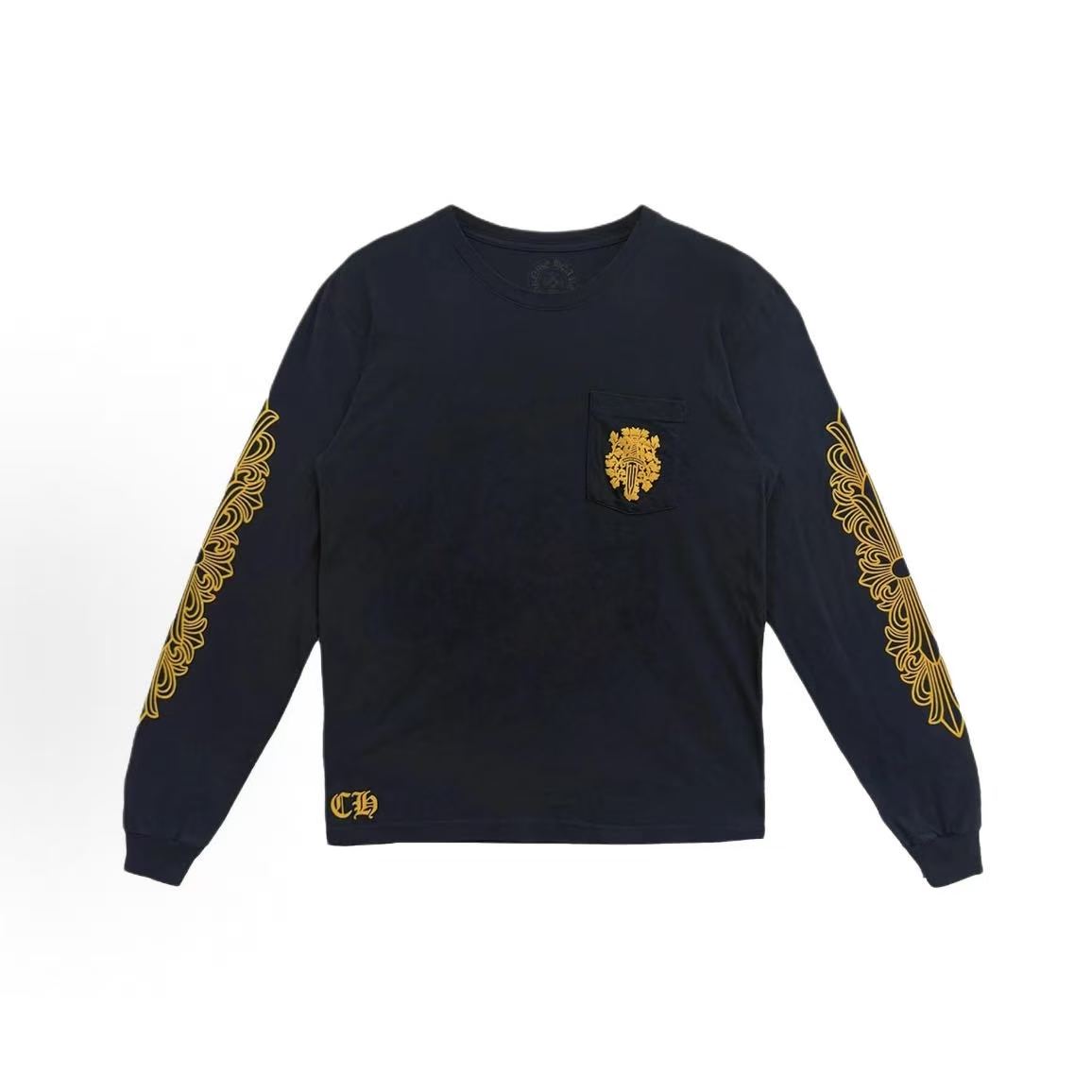 Chrome Hearts Long-sleeved Dagger Pattern Embroidered Round-neck Straight-Tee with Chest Pouch for Men
