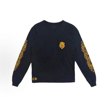 Chrome Hearts Long-sleeved Dagger Pattern Embroidered Round-neck Straight-Tee with Chest Pouch for Men