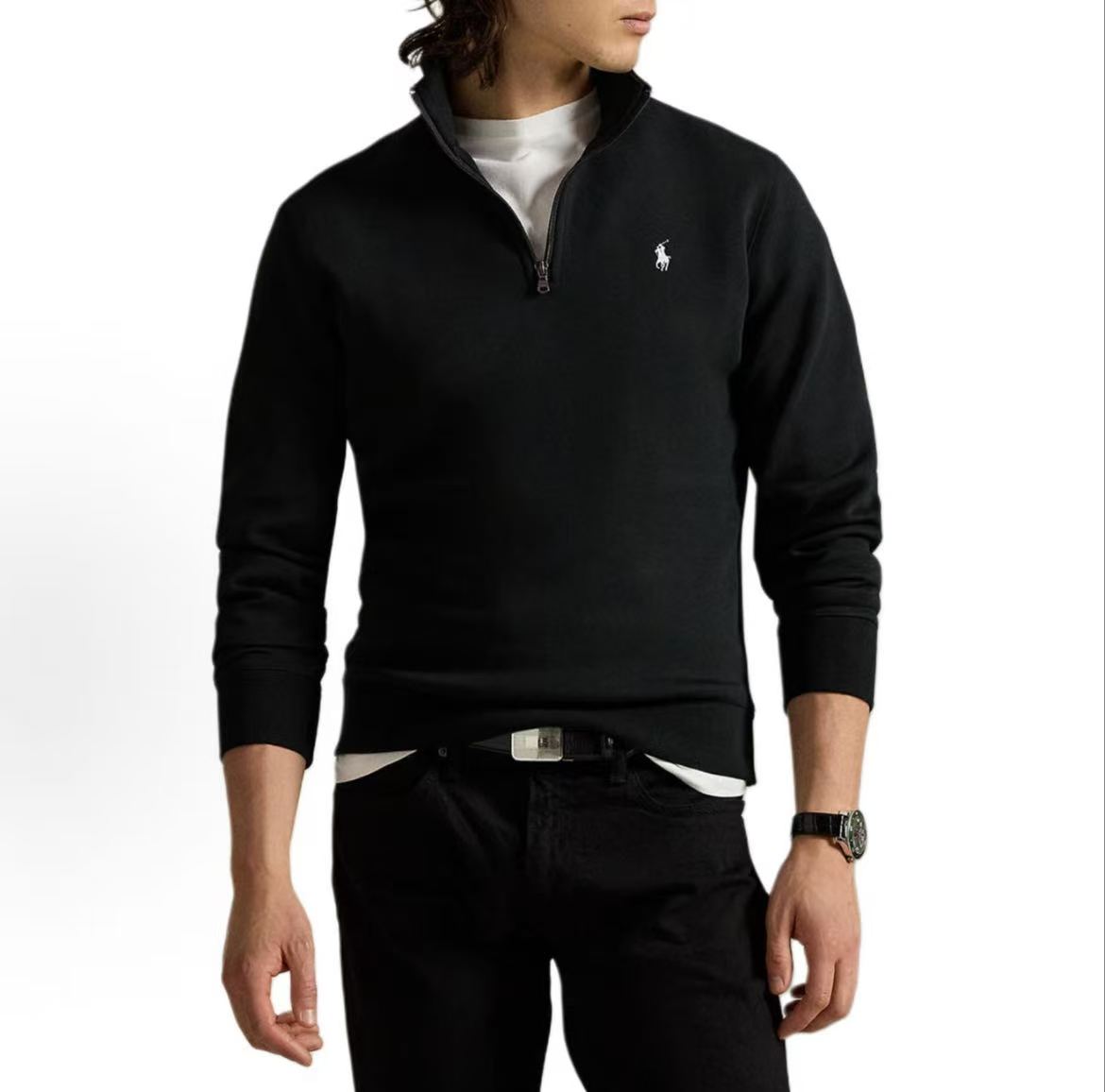 Ralph Lauren Small Horse Embroidered Logo Pattern Cotton Blend High-neck Two-Sided Knitted Quarter-Zip Pullover Long Sleeve Shirt Standard Fit Men's Polo Black