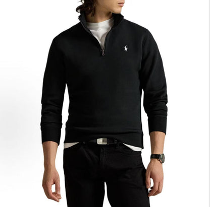 Ralph Lauren Small Horse Embroidered Logo Pattern Cotton Blend High-neck Two-Sided Knitted Quarter-Zip Pullover Long Sleeve Shirt Standard Fit Men's Polo Black