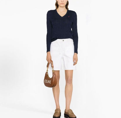 Ralph Lauren Petite Spurs Embroidered Solid Twill Knotted Cotton Ribbed V-Neck Pullover Long Sleeve Knit Shirt Standard Fit Women's Dark Blue