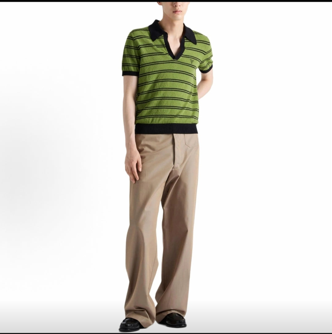 PRADA SS25 Striped Letter Print Cotton Polo Shirt for Men, Green