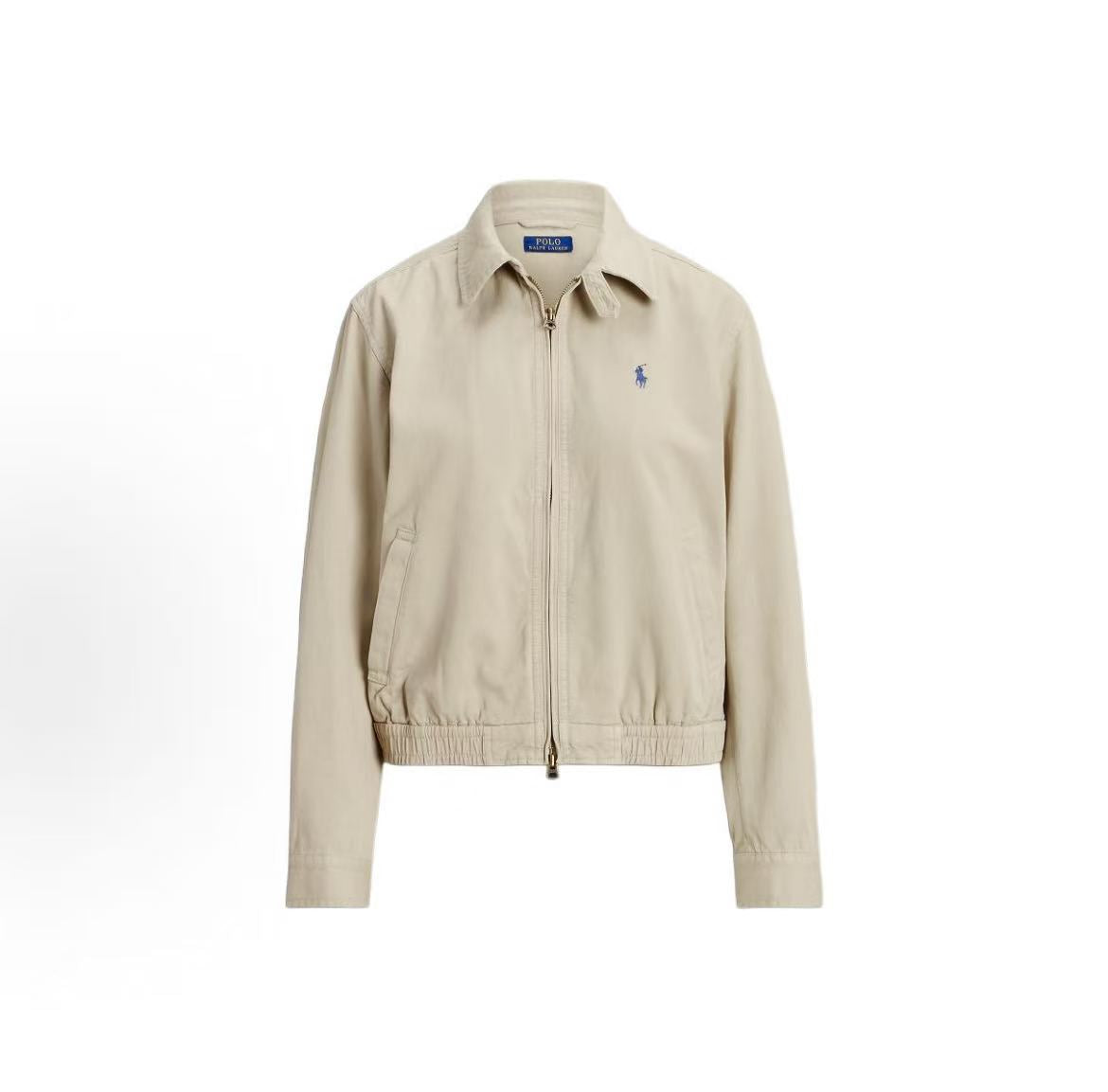 Ralph Lauren Petite Spurs Embroidery Solid Twill Cotton Buttoned Long-Sleeved Elastic Hem Jacket Coat - Loose Fit Women's - Khaki Color