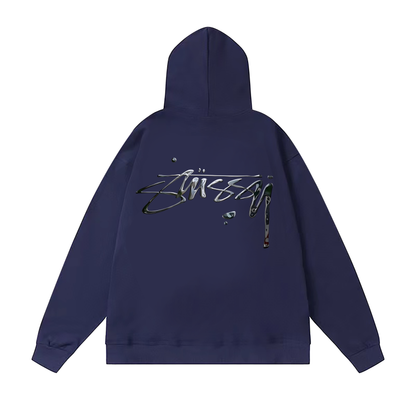 STUSSY BASIC LOGO PRINT HOODIE NAVY