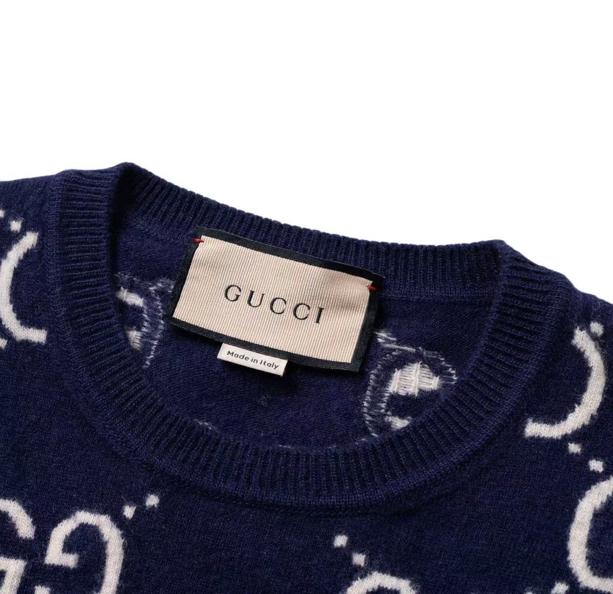 GUCCI Ancient Gurti SS22 Logo Lettered Printed Knitted Round-neck Long-sleeved Wool Sweater - Sweater for Men - Blue