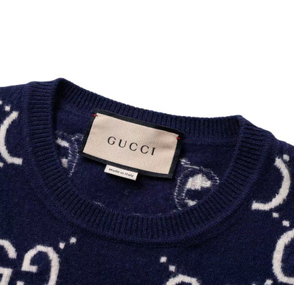 GUCCI Ancient Gurti SS22 Logo Lettered Printed Knitted Round-neck Long-sleeved Wool Sweater - Sweater for Men - Blue