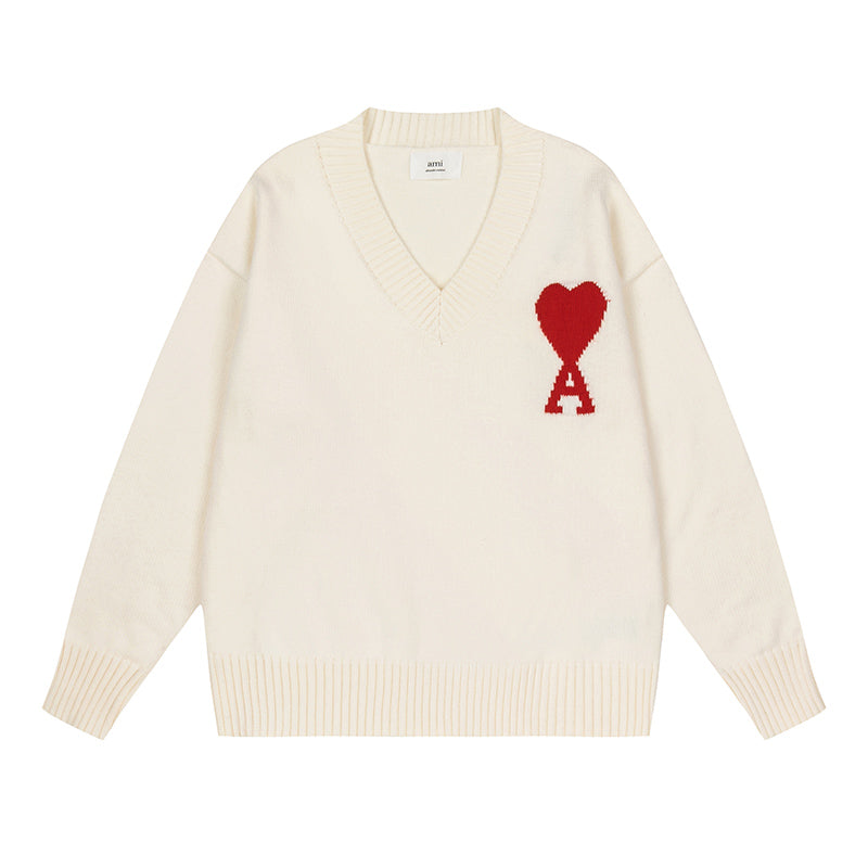AMI Big Logo V Neck Sweater Cream