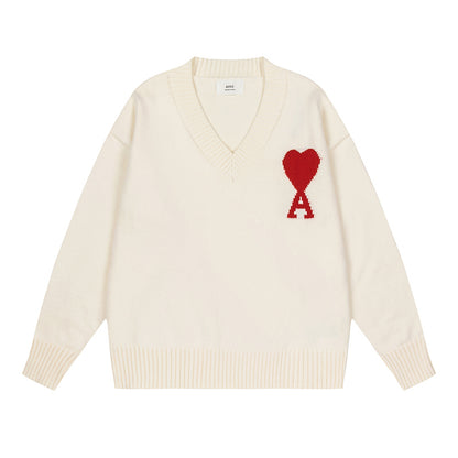AMI Big Logo V Neck Sweater Cream