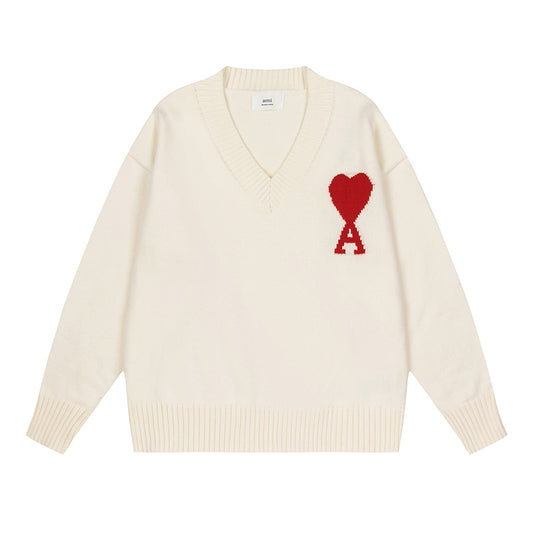 AMI Big Logo V Neck Sweater Cream