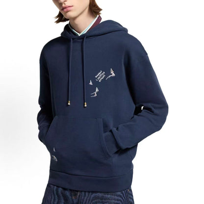 LOUIS VUITTON FW25 Autumn Early Men's Collection - Letter Print Hooded Pullover Long Sleeve Shirt - Men's Style - Navy Blue