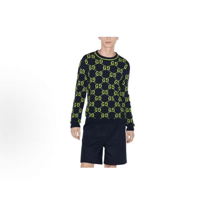 GUCCI Ancient Logo Embroidered Round-neck Long-sleeved Sweater for Men in Navy Blue (Spring/Summer 2024)