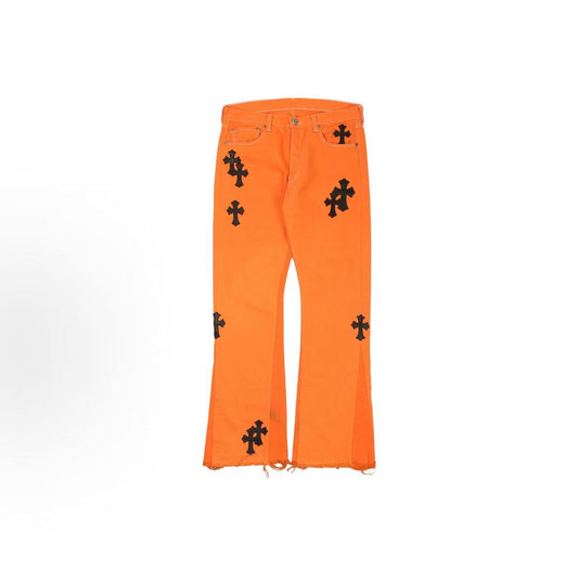 Chrome Hearts cross patch mid waist fit jeans for both men and women