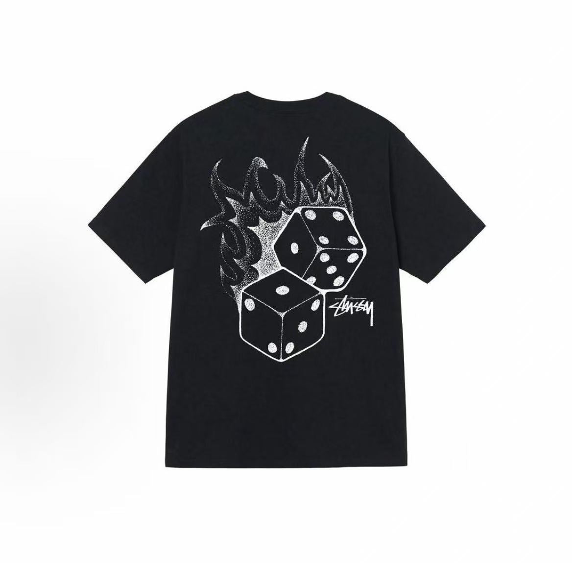 Stussy Dice Collection SS22 - Flaming Dice Retro Letter Dice Pattern Printed Short-Sleeved American Retro T-Shirt - Couple's Style