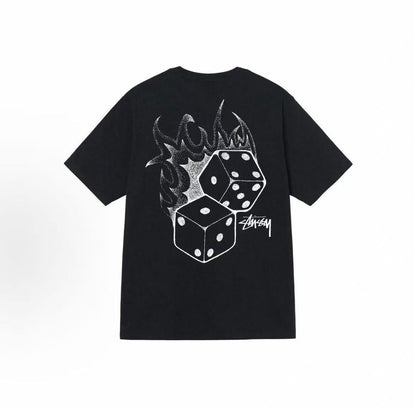 Stussy Dice Collection SS22 - Flaming Dice Retro Letter Dice Pattern Printed Short-Sleeved American Retro T-Shirt - Couple's Style