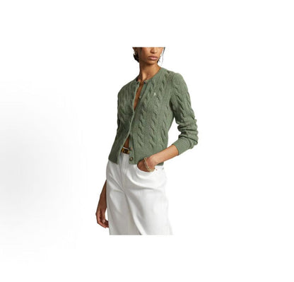 Ralph Lauren FW22 Solid-color Round-neck Button-up Plaid-knotted Long-sleeved Sweater (slightly fitted style) for women, in green color.