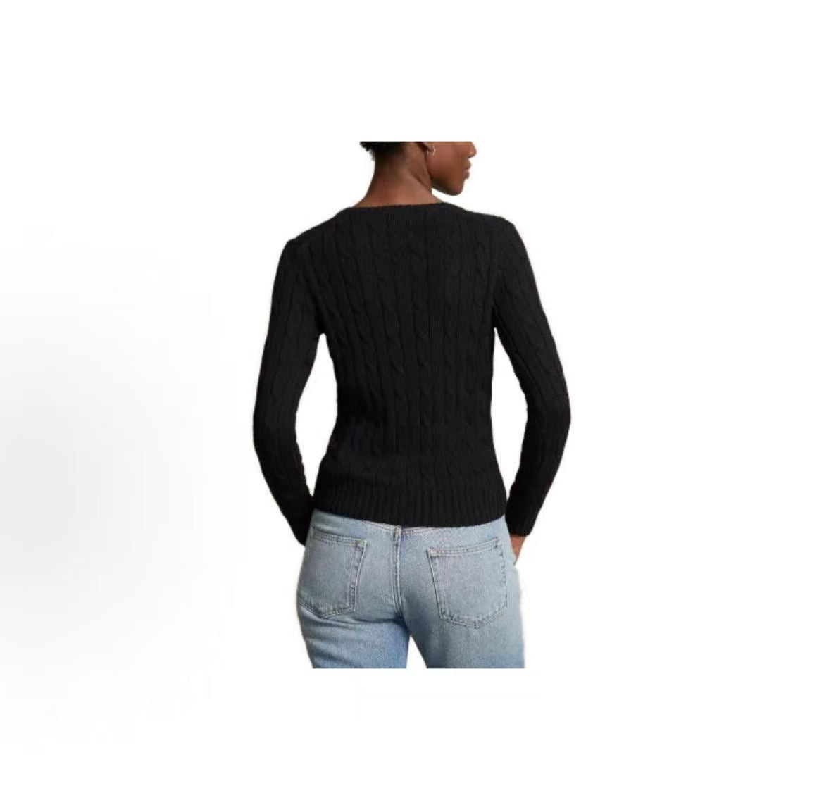 Ralph Lauren SS23 Small Horse Logo Embroidered Twisted Knitted Cotton V-Neck Pullover Long Sleeve Knit Shirt, Form-fitting Style, Women's, Black