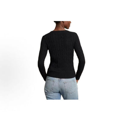 Ralph Lauren SS23 Small Horse Logo Embroidered Twisted Knitted Cotton V-Neck Pullover Long Sleeve Knit Shirt, Form-fitting Style, Women's, Black