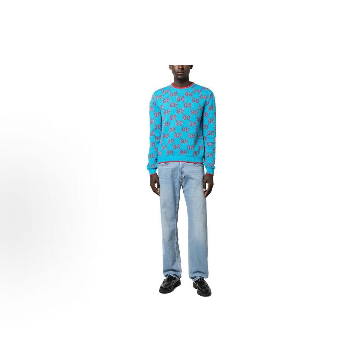 GUCCI 2023 Spring Collection Multi-color Logo Printed Round-neck Long-sleeved Sweater for Men - Blue