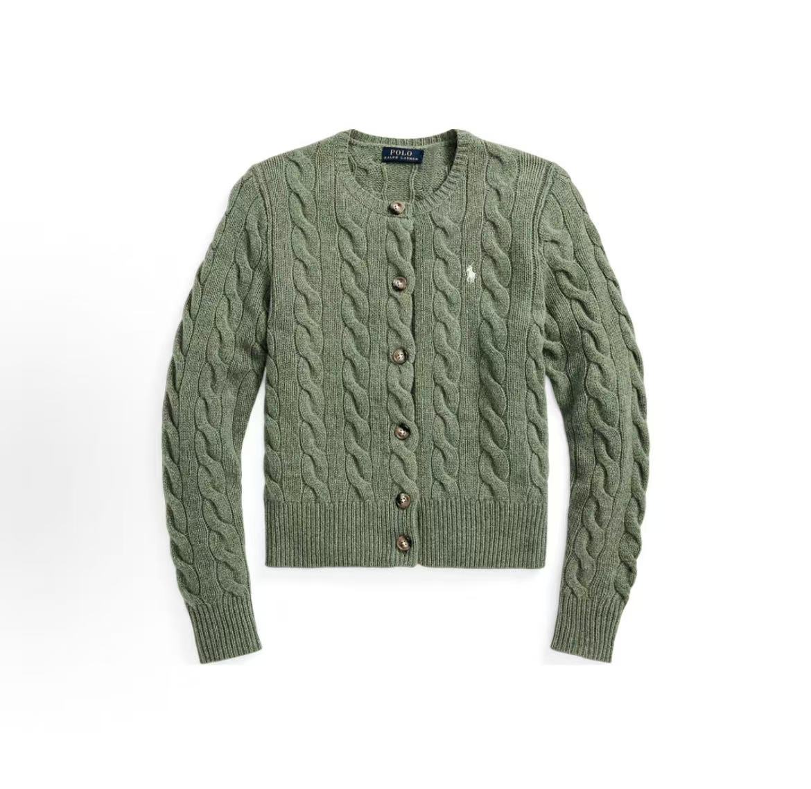 Ralph Lauren FW22 Solid-color Round-neck Button-up Plaid-knotted Long-sleeved Sweater (slightly fitted style) for women, in green color.