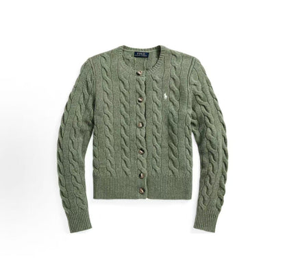 Ralph Lauren FW22 Solid-color Round-neck Button-up Plaid-knotted Long-sleeved Sweater (slightly fitted style) for women, in green color.