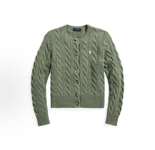 Ralph Lauren FW22 Solid-color Round-neck Button-up Plaid-knotted Long-sleeved Sweater (slightly fitted style) for women, in green color.