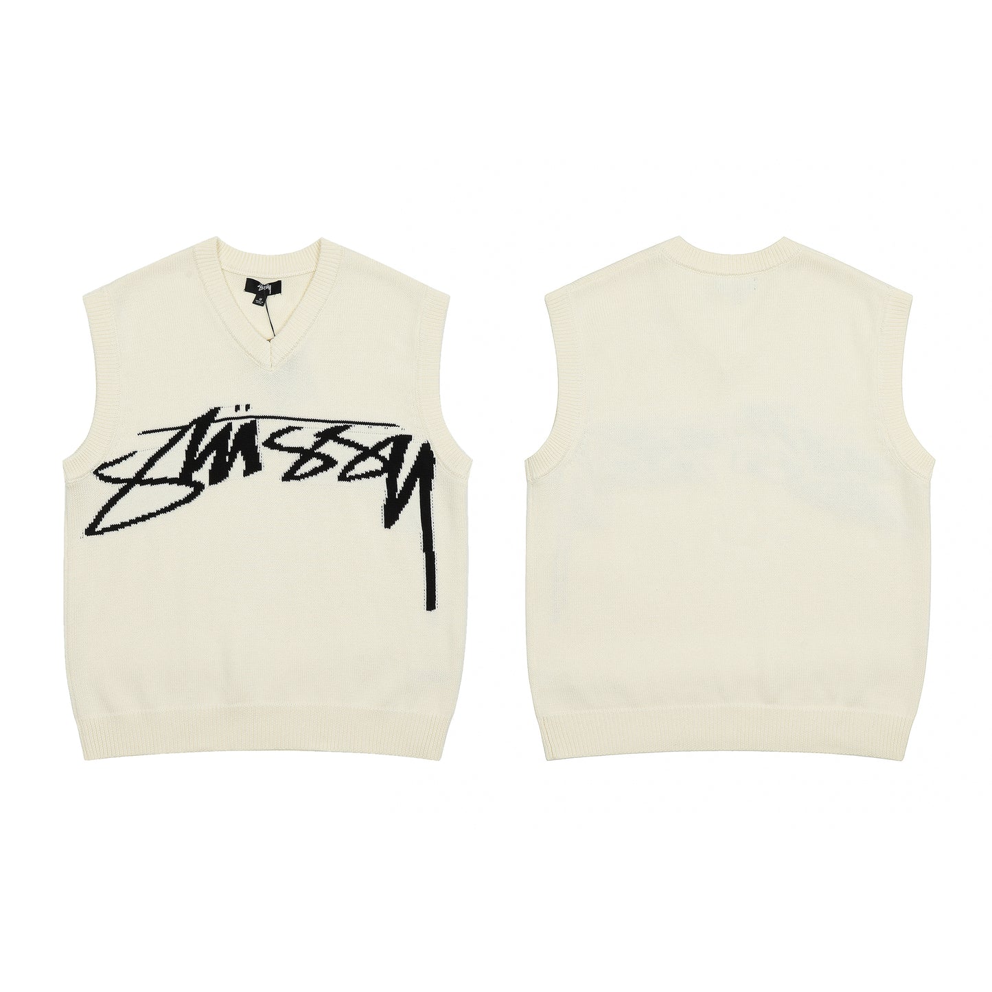 STUSSY LOGO PRINT VEST SWEATER CREAM