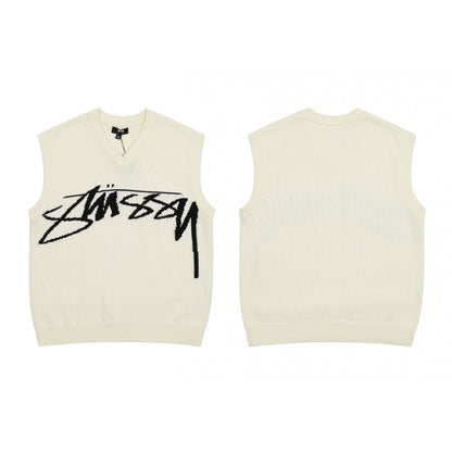 STUSSY LOGO PRINT VEST SWEATER CREAM