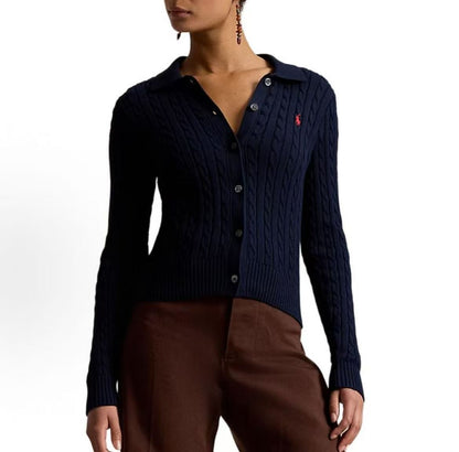 Ralph Lauren Petite Spurs Embroidered Logo Pattern Twisted Knot Cotton Wide-Collar Long-Sleeved Button-Up Blouse. Knitted top with a fitted design. Women's size. Hunter navy blue.