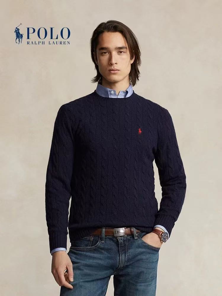 Ralph Lauren FW22 Solid Color Round-neck Twisted Knitted Cable Knit Sweater for Men - Blue