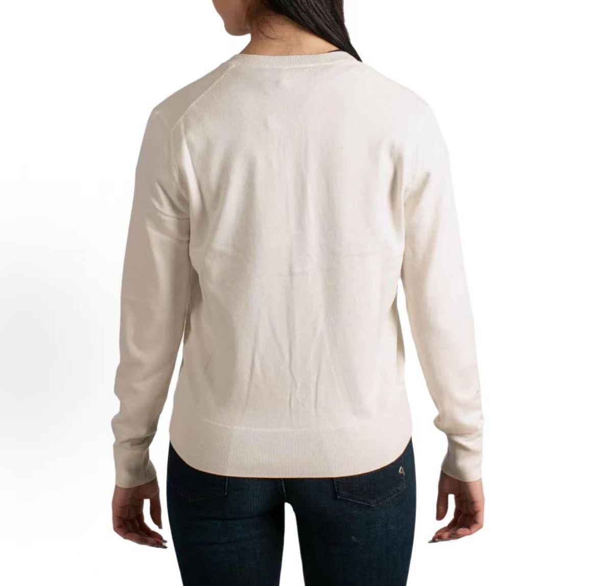 Ralph Lauren Petite Spurs Embroidered Solid Cotton Blend Round Neck Long Sleeve Ribbed Collar Hem Button Front Buttoned Collar Shirt Knit Shirt Form-fitting Women's Style White